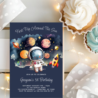 Invitation Planètes extérieures Bleu 1er anniversaire