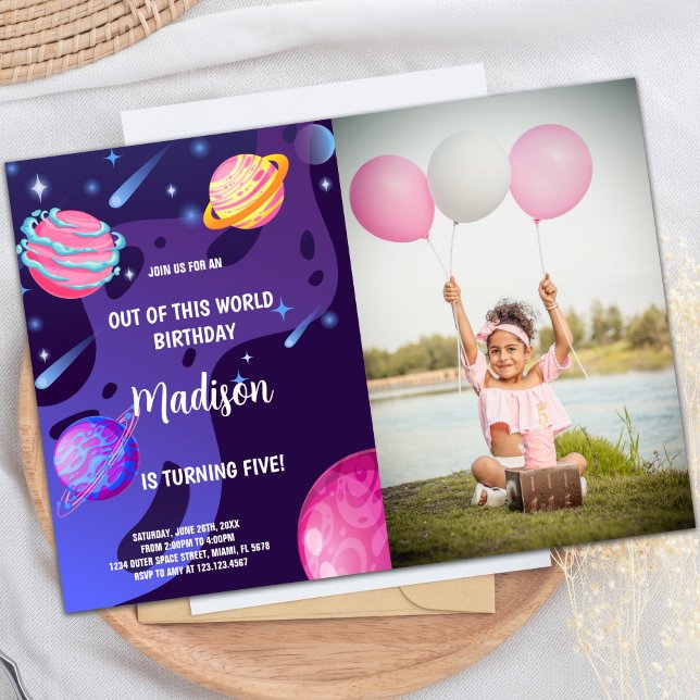 Invitation Planètes pourpres Espace extra-atmosphérique Invit (Purple Planets Outer Space Birthday Invitations ph)