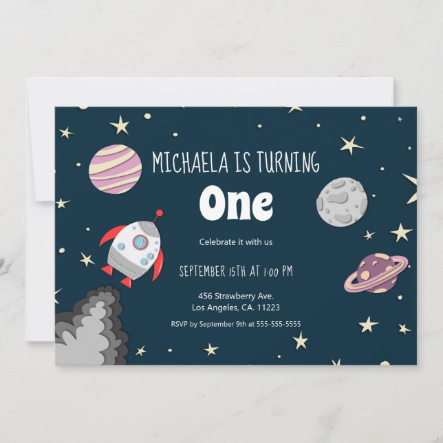 Invitation Planètes spatiales et Rocket Girl premier annivers (Devant)