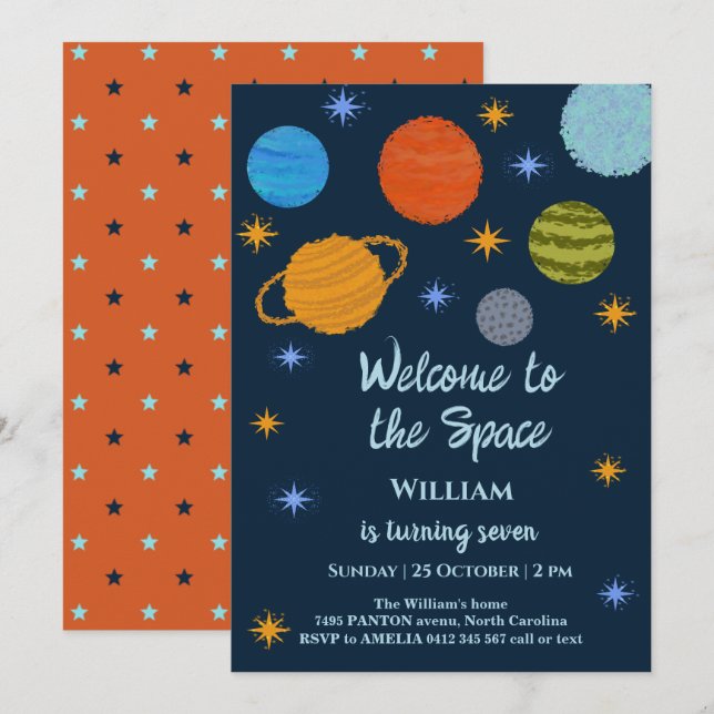 Invitation Planètes spatiales Galaxy Stars Boy Baby shower (Devant / Derrière)