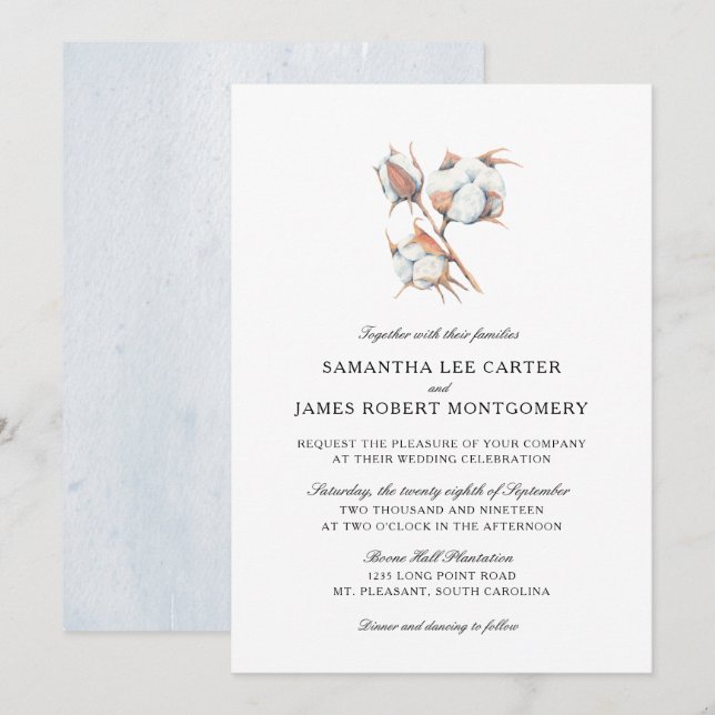 Invitation Plante à bille de coton aquarelle | MARIAGE (Devant / Derrière)