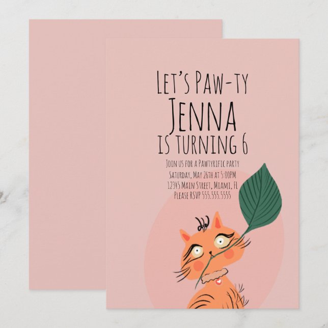 Invitation Plante chat mignon fête d'anniversaire rose noir (Devant / Derrière)