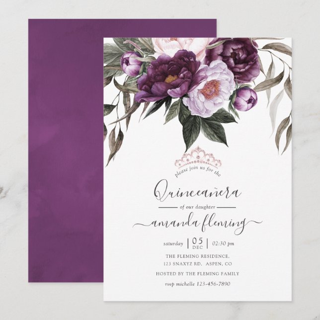 Invitation Plante de velours profond Floral Quinceañera (Devant / Derrière)