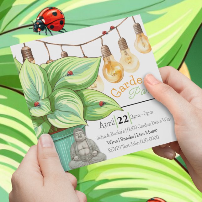 Invitation Plante Hosta feuilles avec Ladybugs et Bouddha (Birthday, garden party, house warming party Buddha, plants and ladybug customizable invitation. )