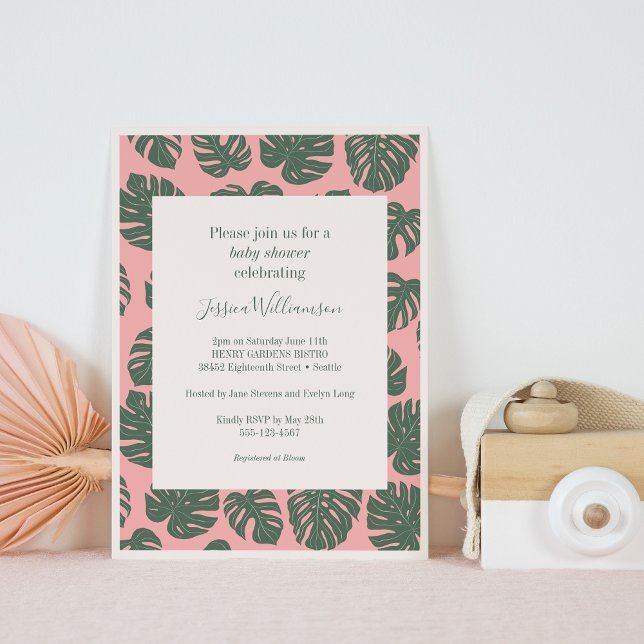 Invitation Plante Monstera Botanique Rose Baby shower vert (Créateur téléchargé)