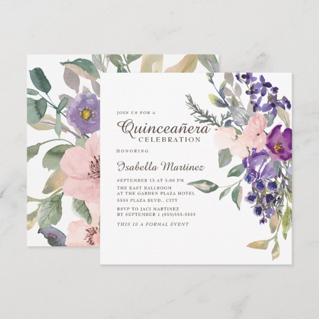 Invitation Plante rose violet Floral Quinceañera (Devant / Derrière)