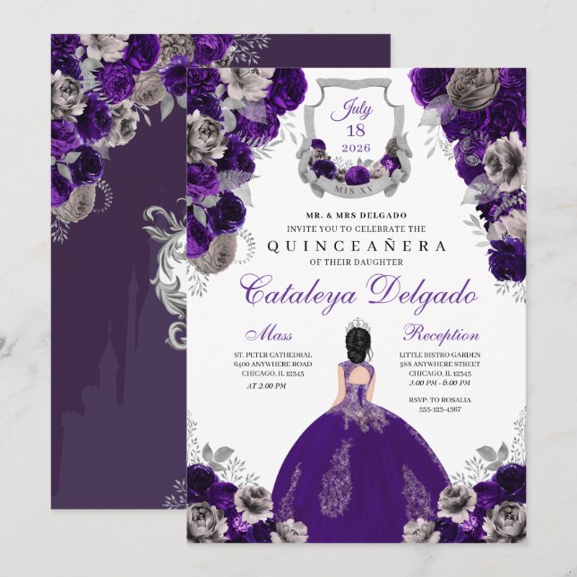 Invitation Plante violette & Argent Floral Elegant Quinceañer (Devant / Derrière)