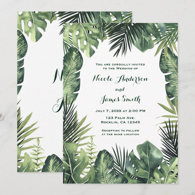 Invitation Plantes Tropicales Botaniques Feuilles Vertes Mari (Devant / Derrière)