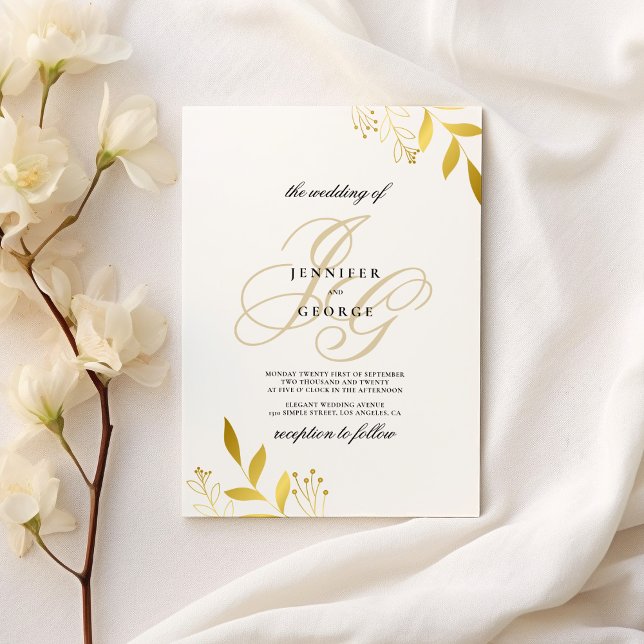Invitation Plaques de monogramme d'or blanc mariage de glamou (White gold monogram initials floral glam wedding)