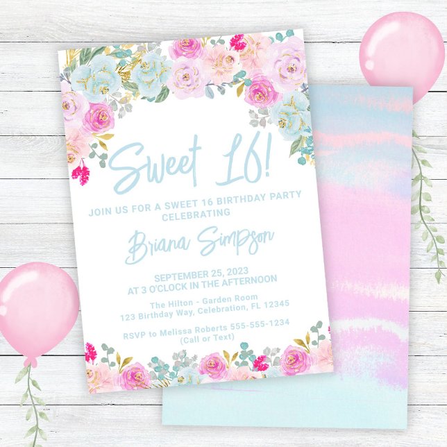 Invitation Plat rose bleu Floral Sweet 16 Anniversaire (Créateur téléchargé)