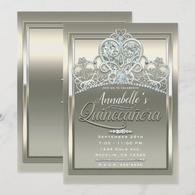 Invitation Platine ivoire Princesse Coeur Tiara Quinceañera (Devant / Derrière)