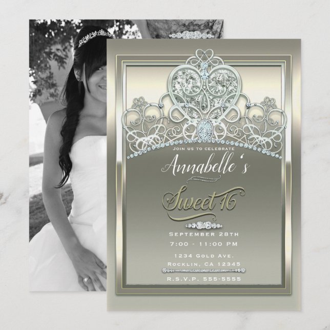 Invitation Platine ivoire Princesse Coeur Tiara Sweet 16 Part (Devant / Derrière)