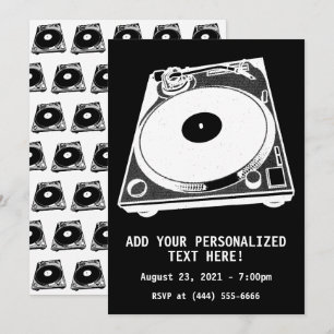 Invitation Platine Tourne-Disques Rétro Graphique en Blanc