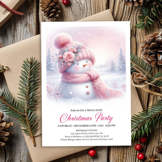 Invitation Playful Pink Snowman Editable Kids Christmas  (Playful Pink Snowman Editable Kids Christmas Invite File)