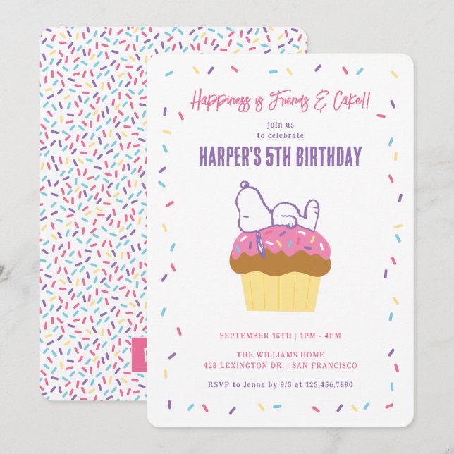 Invitation Playful Snoopy on Cupcake & Confetti Birthday (Devant / Derrière)