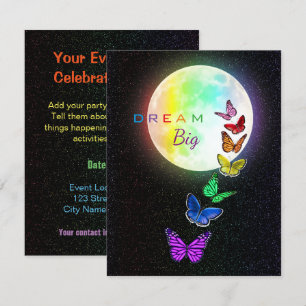 Invitation Pleine lune arc-en-ciel et papillons arc-en-ciel D