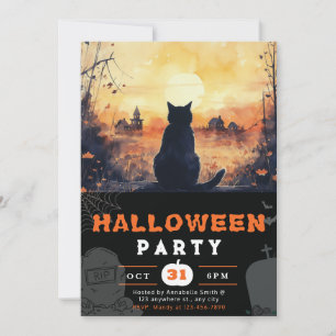 Invitation Pleine lune Chat noir Automne Halloween noir