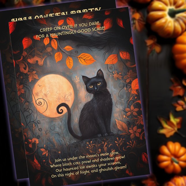 Invitation Pleine lune d'Halloween Chat noir Ornat Adult Part (Halloween Full Moon Black Cat Ornate Adult Party Invitation)