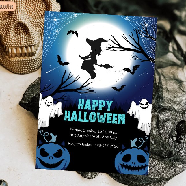 Invitation Pleine lune éffrayante de sorcière et fantômes Hal (Spooky Flying Witch & Ghosts Full Moon Halloween Invitation
)