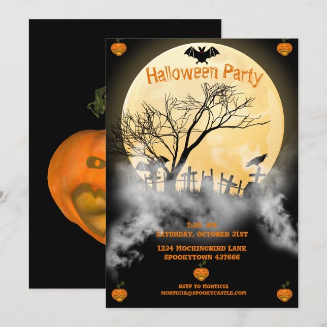 Invitation Pleine lune et Haunted Cemetery Halloween (Devant / Derrière)