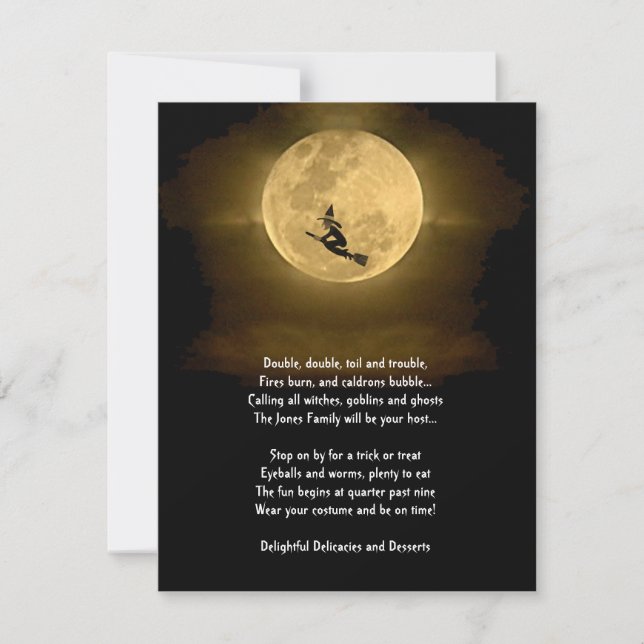 Invitation Pleine lune jaune et fête d'Halloween de sorcière (Devant)