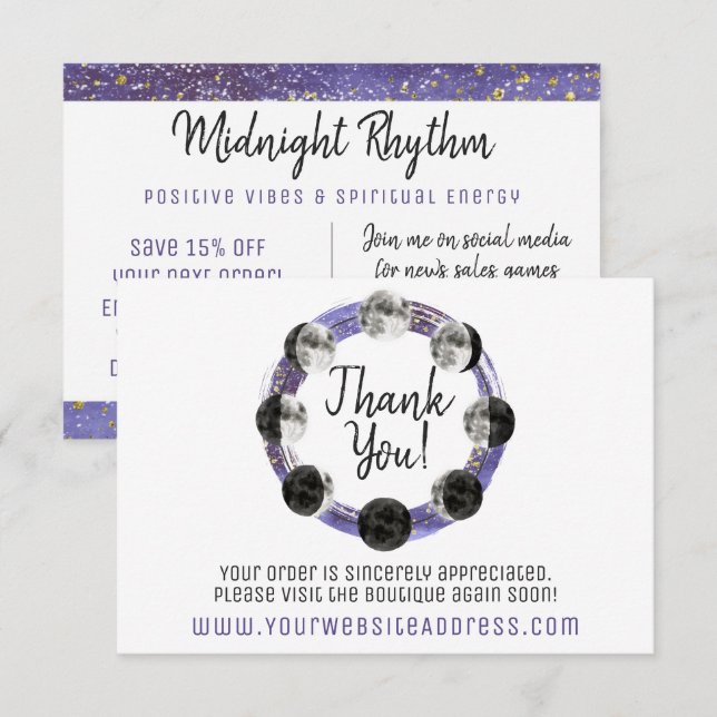 Invitation Pleine lune Merci aquarelle Lunaire (Devant / Derrière)