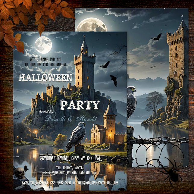 Invitation Pleine lune Nuit Château Halloween Dîner (Halloween dinner party invitation featuring a castle at full moon, with bats, falcon and skull)