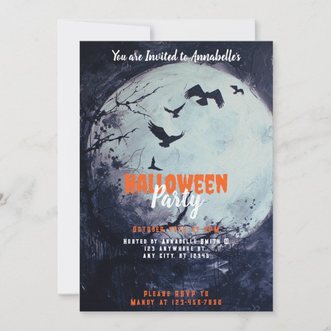 Invitation Pleine lune Oiseaux noirs Fête d'Halloween (Devant)