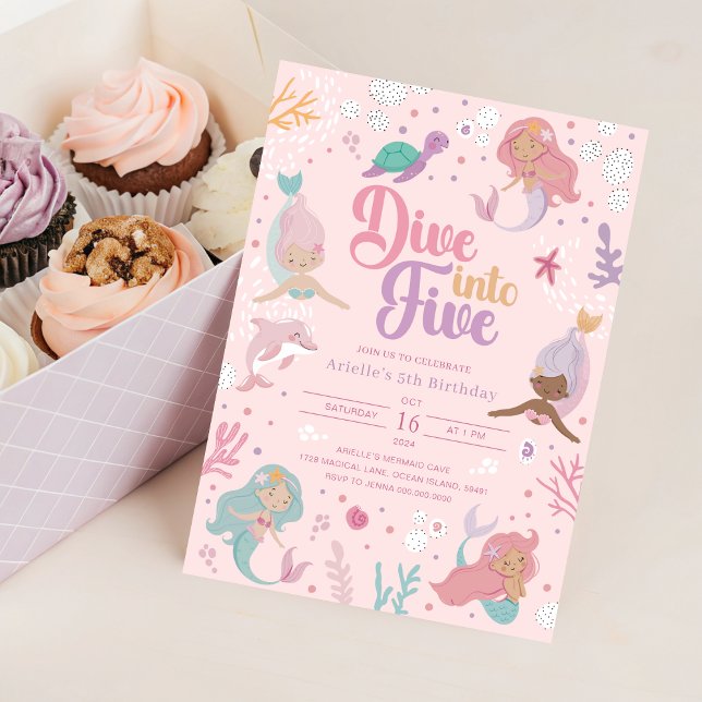 Invitation Plongée sous-marine pour 5 ans - Fille  (Dive Into Five Mermaid Invitation - Pink Girl 5th
)