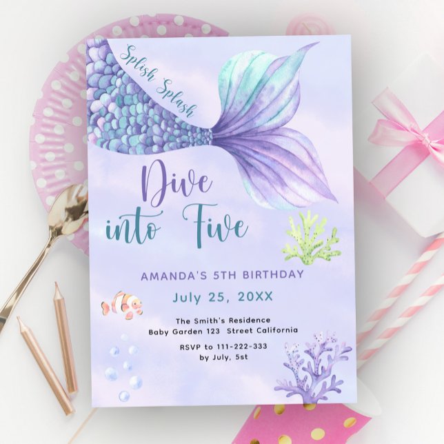 Invitation Plongeon de sirène pour l'anniversaire des cinq 5  (Créateur téléchargé)