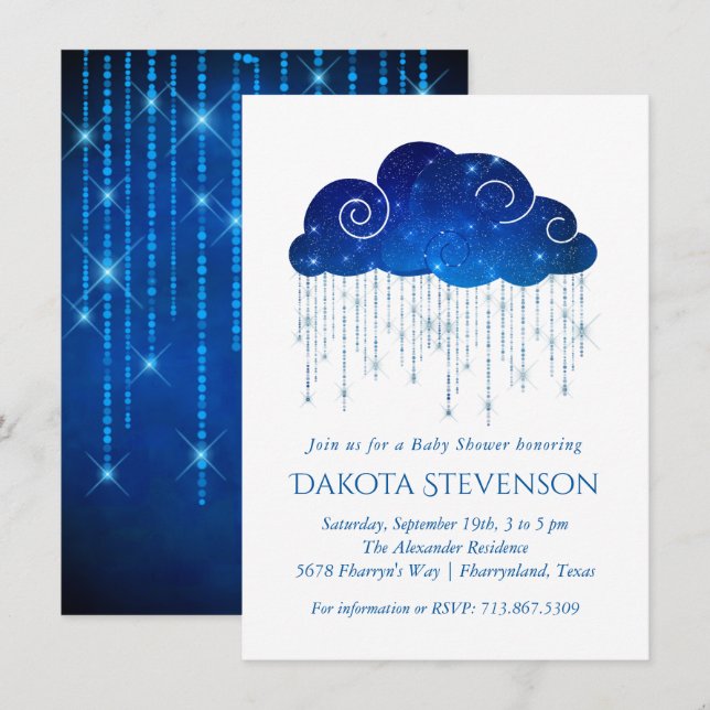 Invitation Pluie étincelante | Baby shower bleu royal gras (Devant / Derrière)