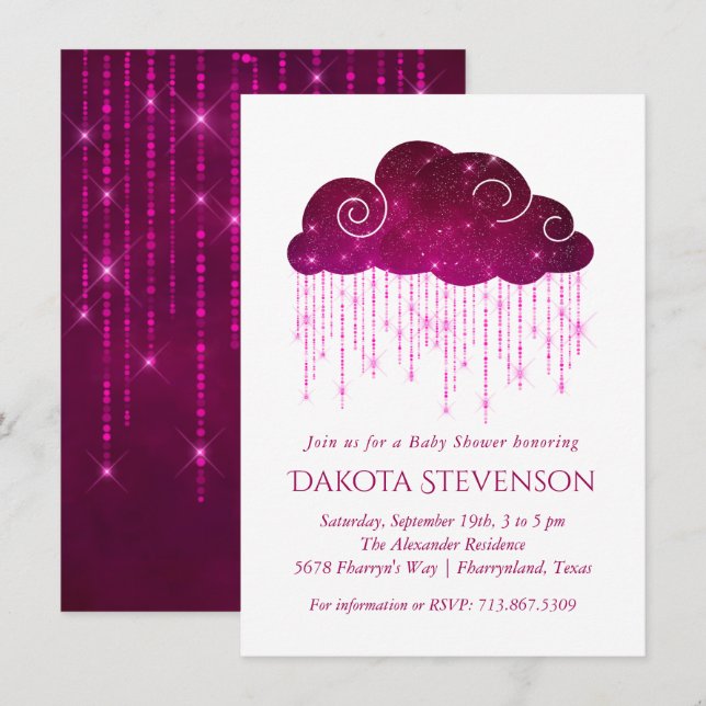 Invitation Pluie étincelante | Baby shower monochrome rose fo (Devant / Derrière)
