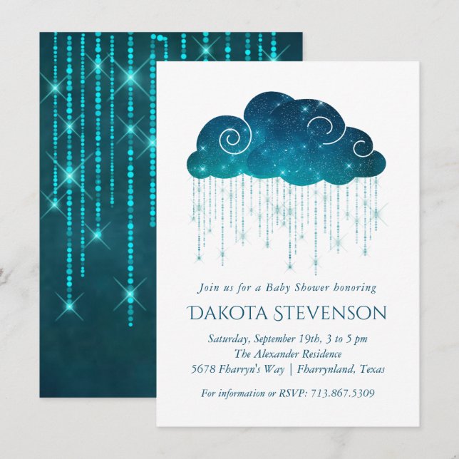 Invitation Pluie étincelante | Baby shower Turquoise et Blanc (Devant / Derrière)