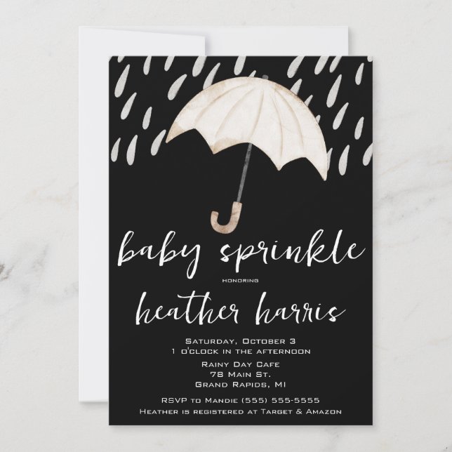 Invitation Pluie gouttes et parapluie Bébé saupoudré, Douche (Devant)