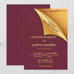 Invitation Plum à cadre floral et or Mariage musulman islamiq