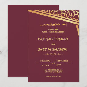 Invitation Plum à cadre floral et or Mariage musulman islamiq