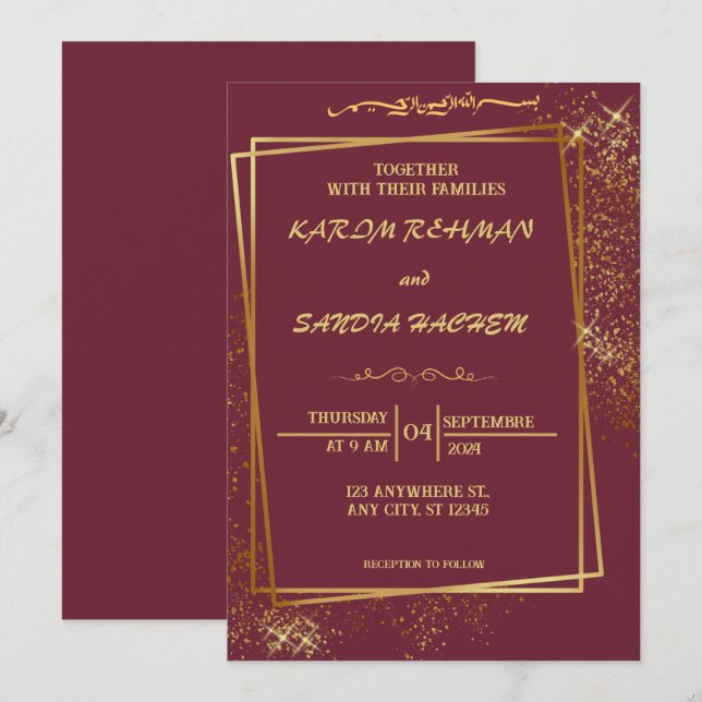 Invitation Plum à cadre floral et or Mariage musulman islamiq (Devant / Derrière)