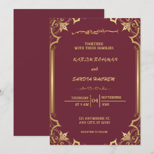 Invitation Plum à cadre floral et or Mariage musulman islamiq