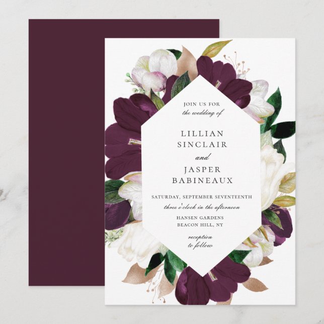 Invitation Plum blanc ivoire violet Mariage de cadre de fleur (Devant / Derrière)
