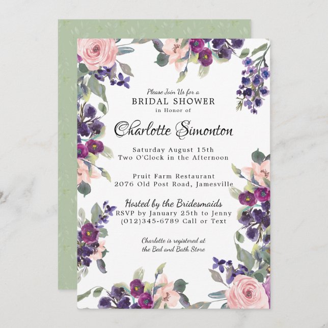 Invitation Plum Blush Moderne Floral Douche nuptiale Invitati (Devant / Derrière)