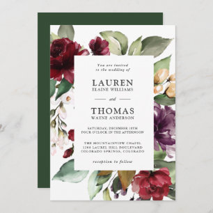 Invitation Plum bordeaux romantique et Mariage floral vert
