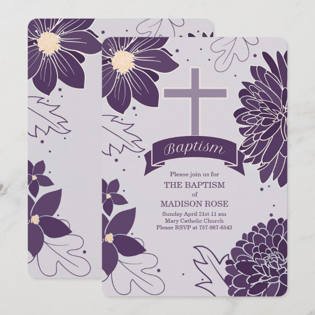 Invitation Plum Botaniques pour les filles avec le baptême cr (Devant / Derrière)