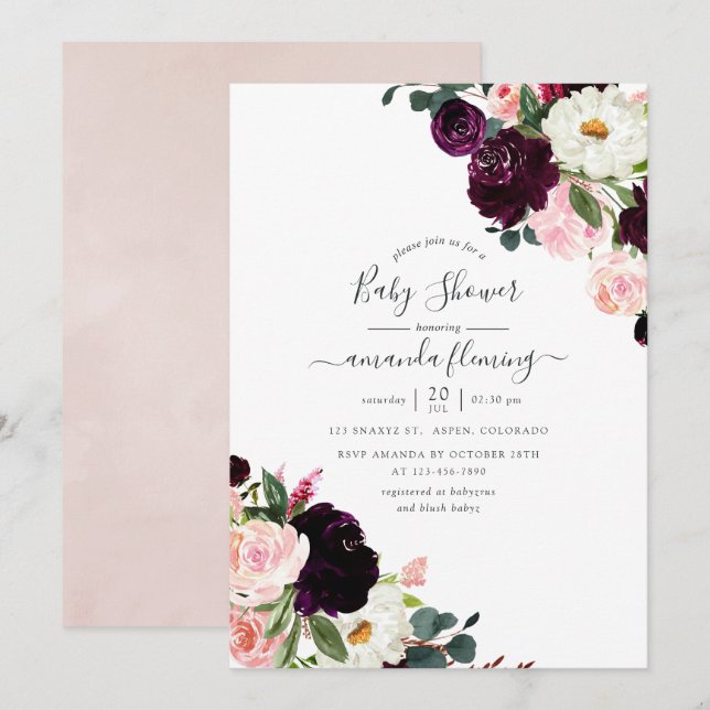 Invitation Plum Bourgogne et Baby shower rose (Devant / Derrière)