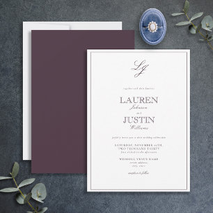 Invitation Plum classique violet calligraphie Monogramme Mari
