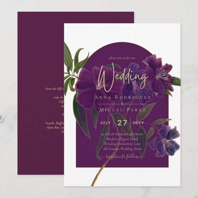 Invitation Plum d'aubergine Purple Floral Forêt Mariage vert (Devant / Derrière)