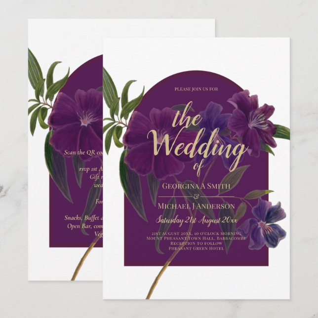 Invitation Plum d'aubergine Purple Floral Forêt Mariage vert (Devant / Derrière)