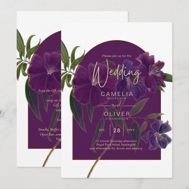 Invitation Plum d'aubergine Purple Floral Forêt Mariage vert (Devant / Derrière)