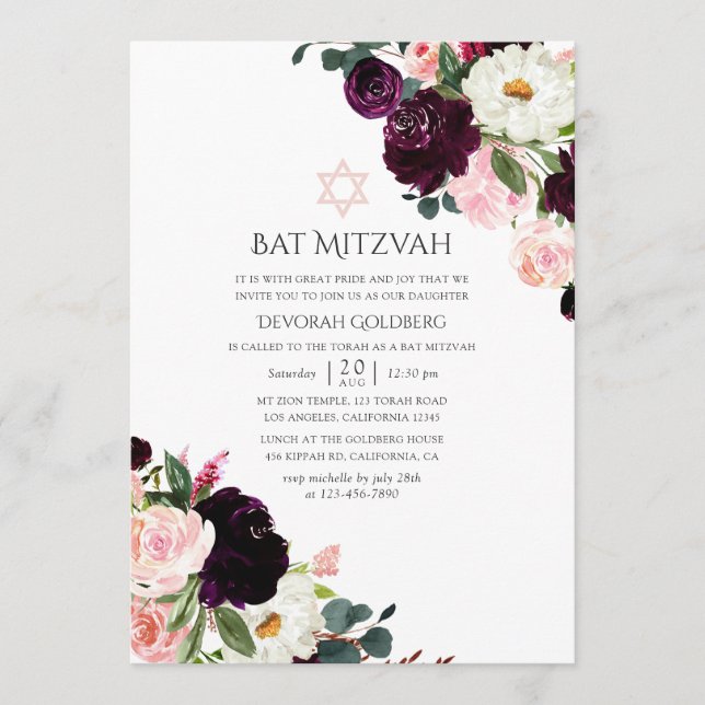 Invitation Plum de Bourgogne et Bat mitzvah rose pâle (Devant)