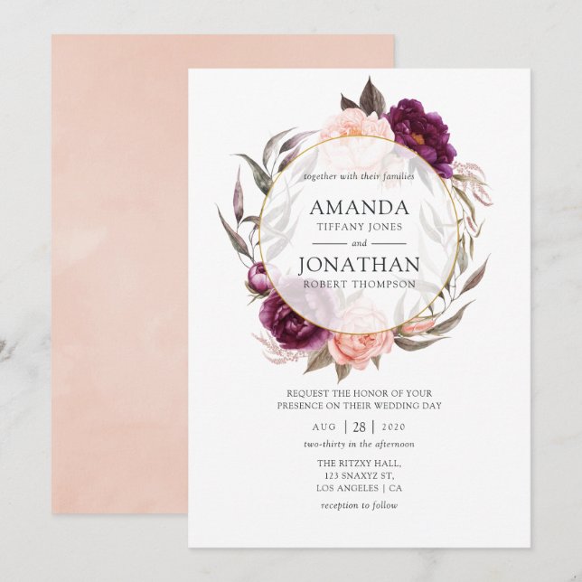 Invitation Plum de Bourgogne et Mariage géométrique floral fl (Devant / Derrière)