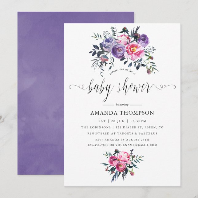 Invitation Plum et Aquarelle rose Baby shower Floral (Devant / Derrière)